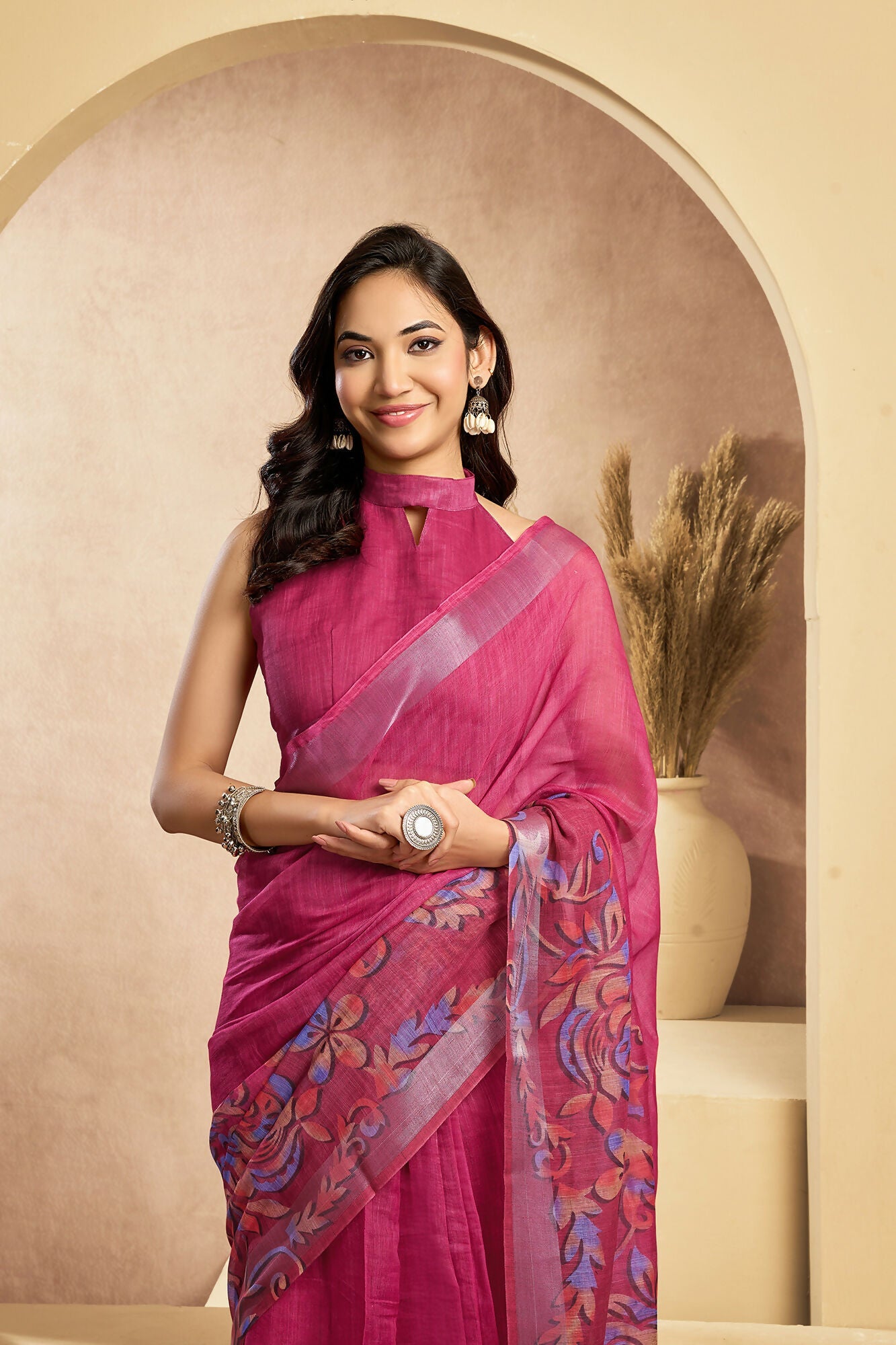 Vastranavya Pink Digital Printed Linen Ready To Wear Designer Saree with Unstitched Blouse