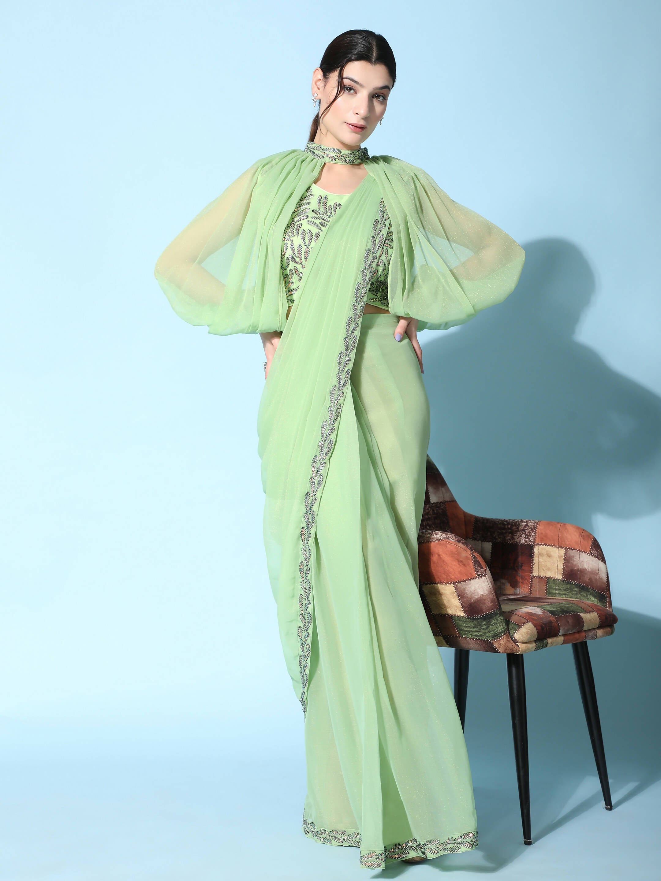 Green Fancy Pure Fabric Plain Ready to wear Saree with stitched Blouse - Vrinda
