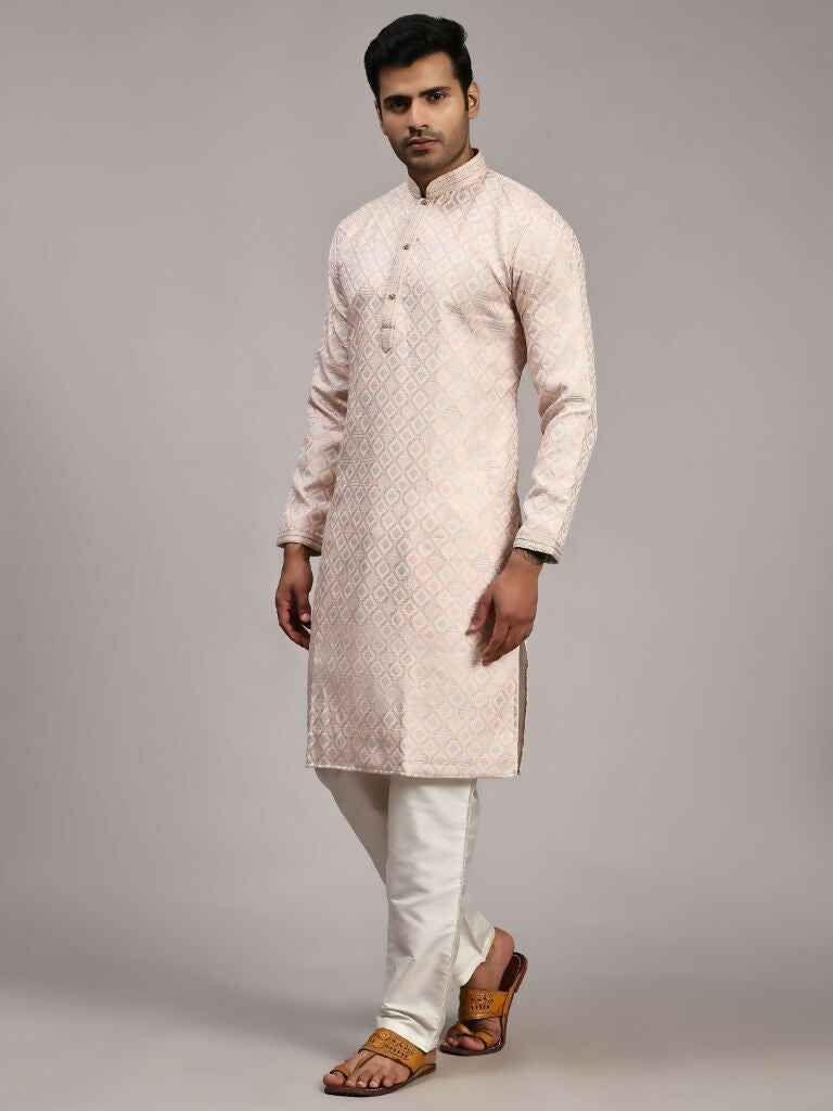 Pink Viscose Jacquard Woven Jacquard Designer Men's Rajwadi Kurta Set - Mahotsav