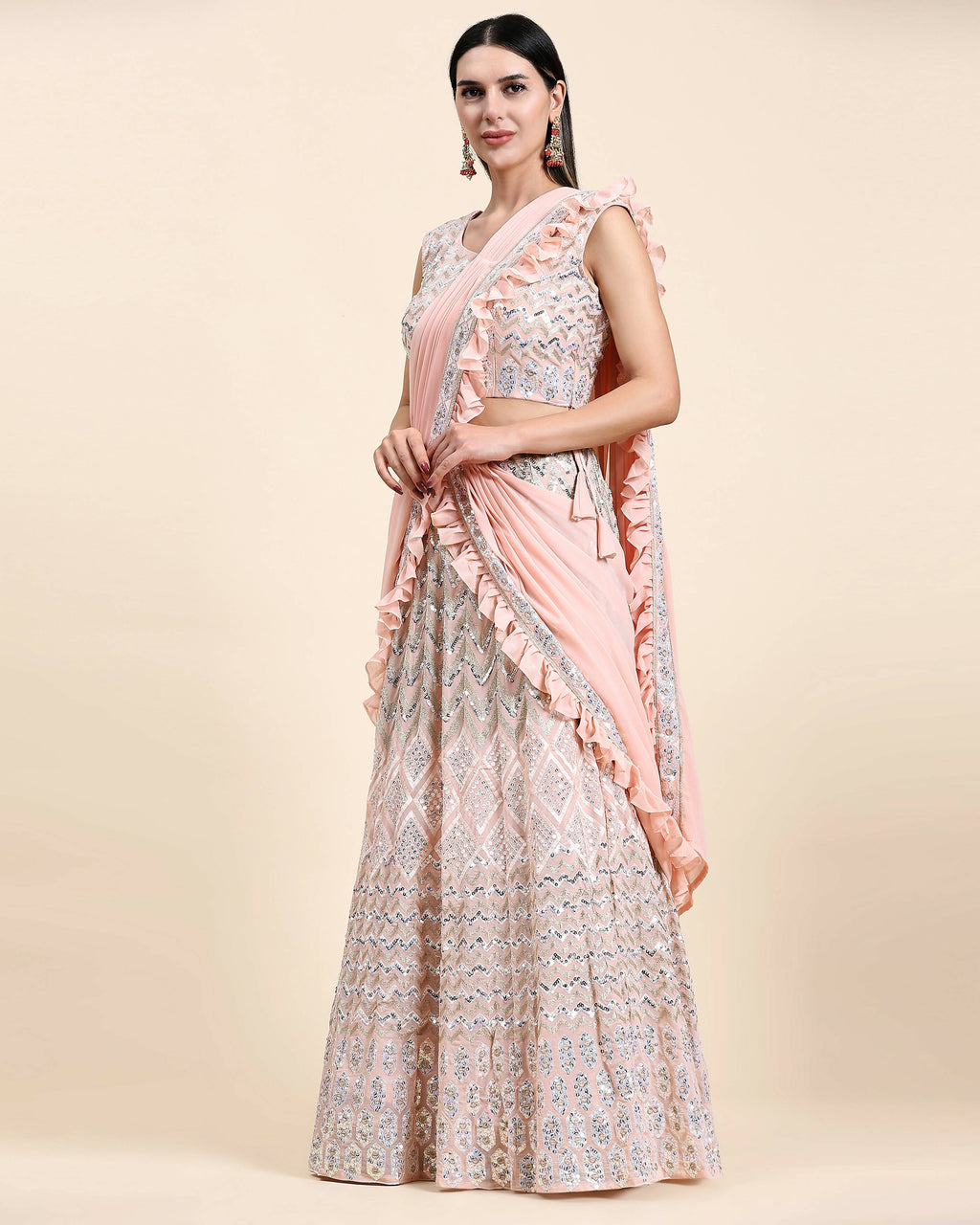 Peach Pure Viscose Georgette Thread With Sequins Embroidery Work Lehenga Choli With Dupatta - Tanya