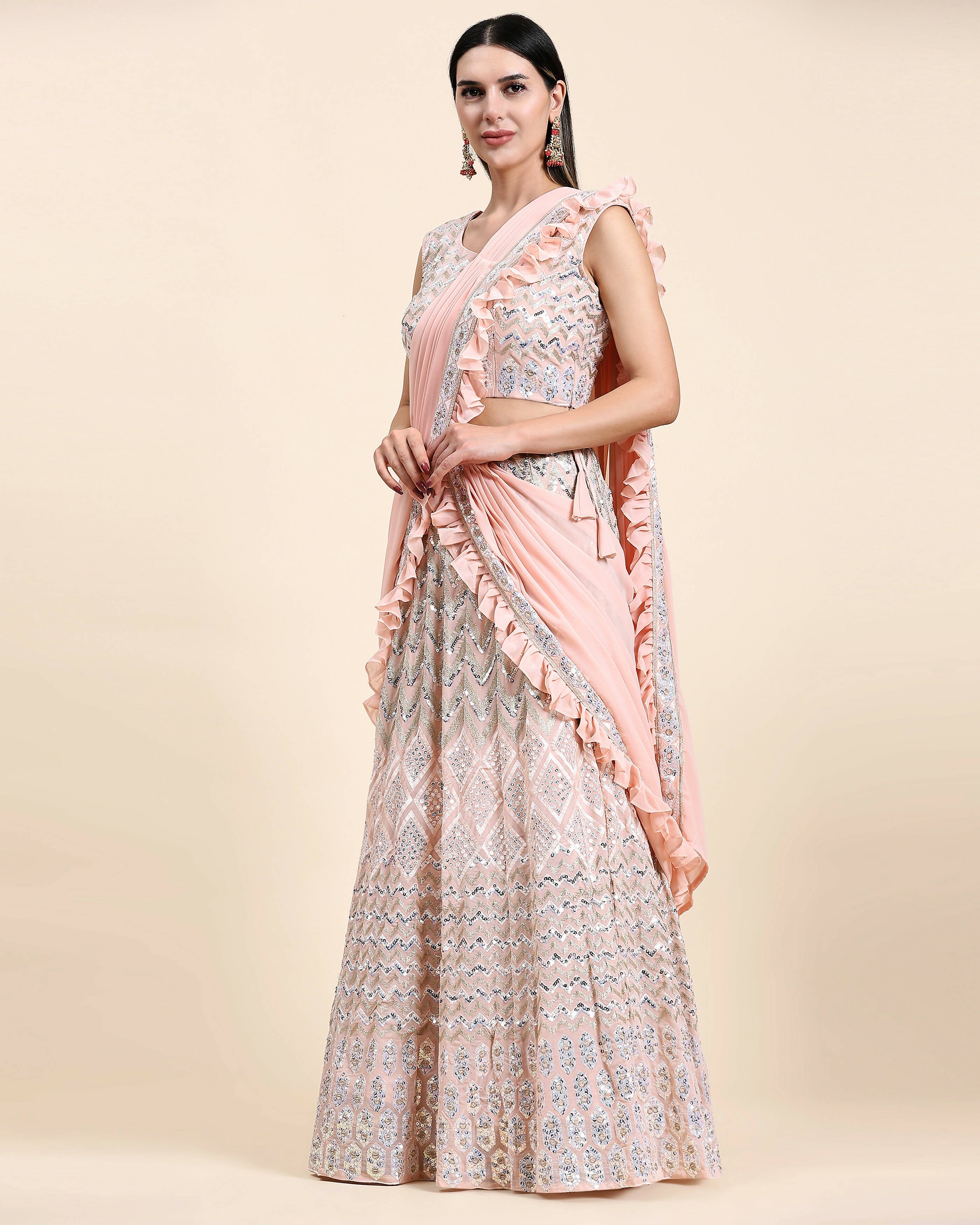 Peach Pure Viscose Georgette Thread With Sequins Embroidery Work Lehenga Choli With Dupatta - Tanya