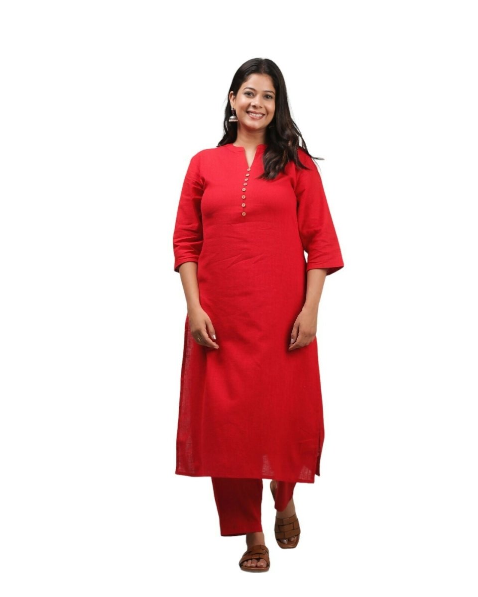 Aramya Red Khadi Cotton Solid Print Straight Kurta Pant Set for Women