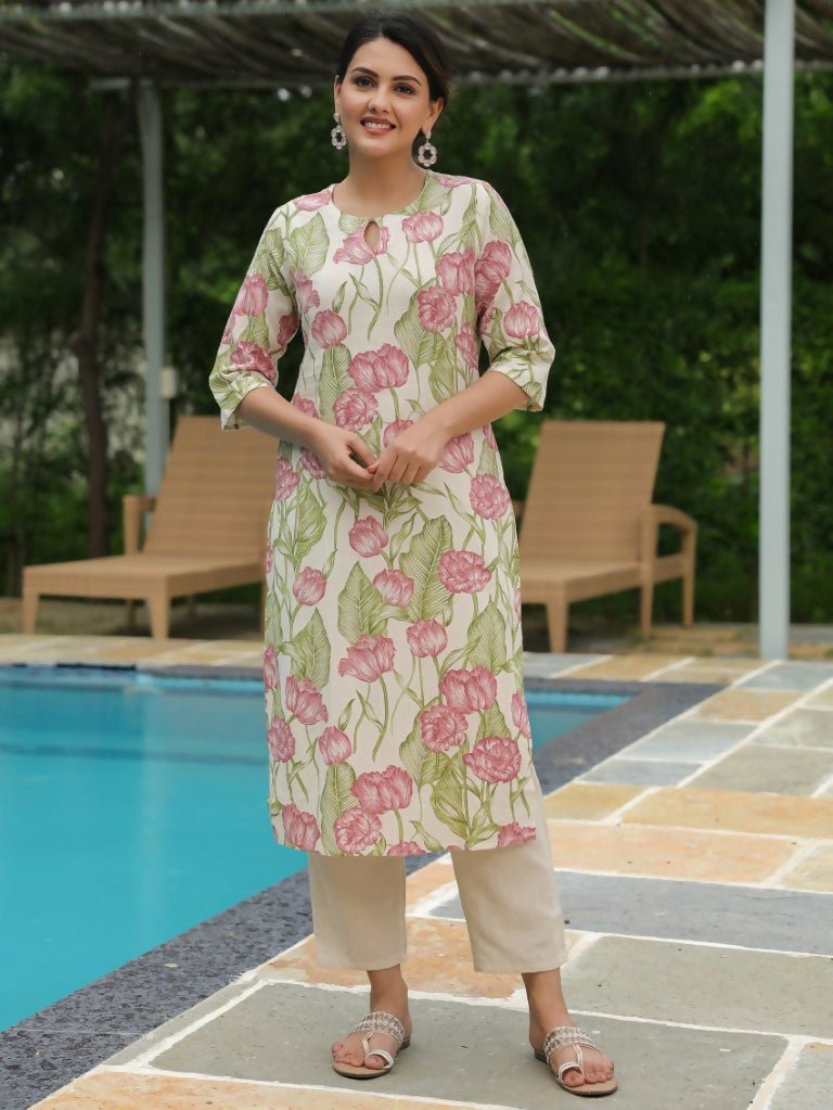 Aramya Straight Linen Cotton Floral Print Women's Kurta - Off White
