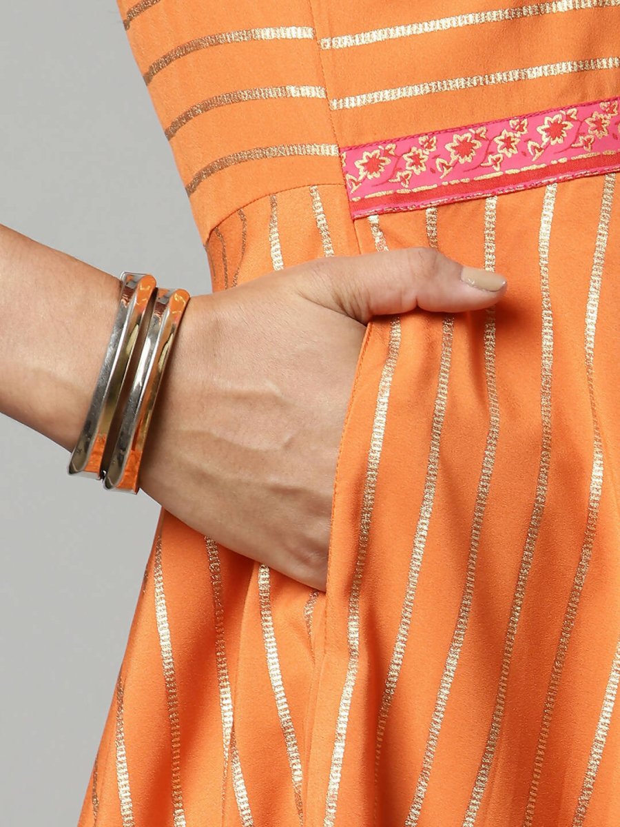 Ahalyaa Women's Orange Crepe Gold Print Dress