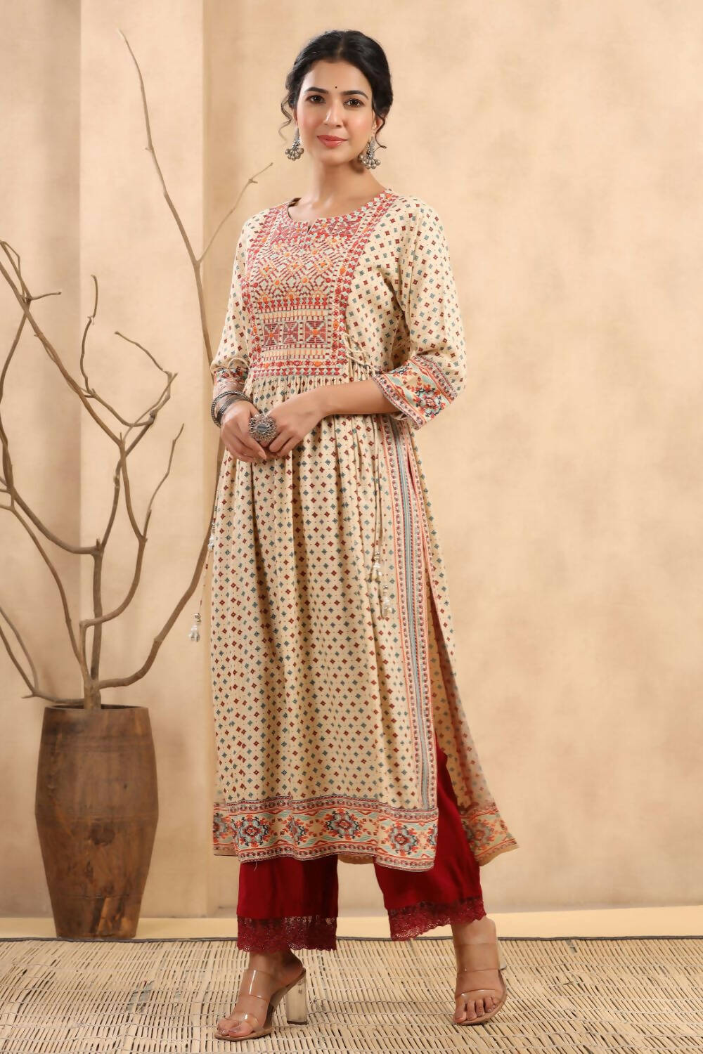 Juniper Women's Beige Rayon Printed Embroidered Straight Kurta