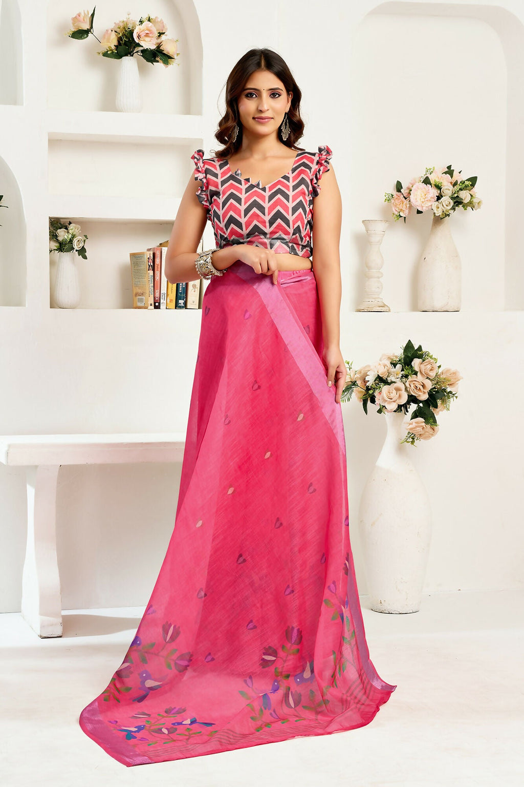 Vastranavya Pink Digital Printed Linen Ready To Wear Designer Saree with Unstitched Blouse