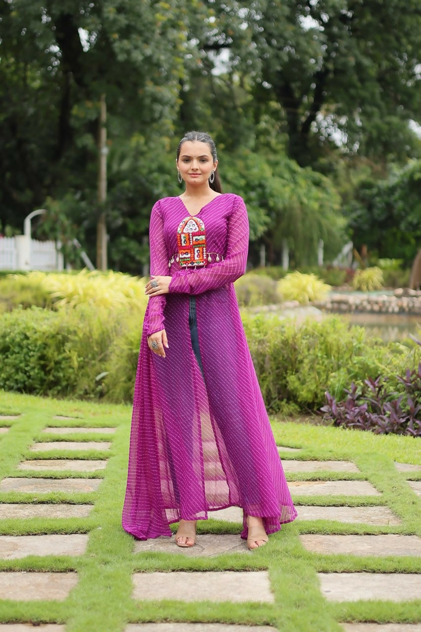 Vastranavya Purple Navratri Special Kutchi Patch Work with Leheriya Printed Kurti