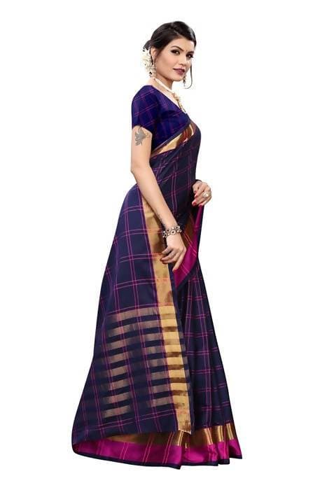 Vamika Navy Cotton Silk Weaving Saree (Rimi Checks Navy)