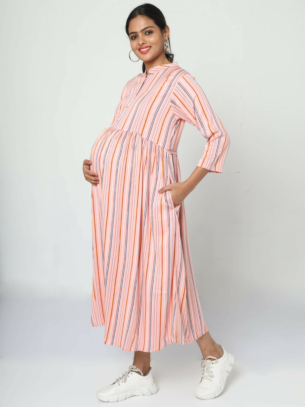 Manet Three Fourth Maternity Dress Strip Print With Concealed Zipper Nursing Access - Pink