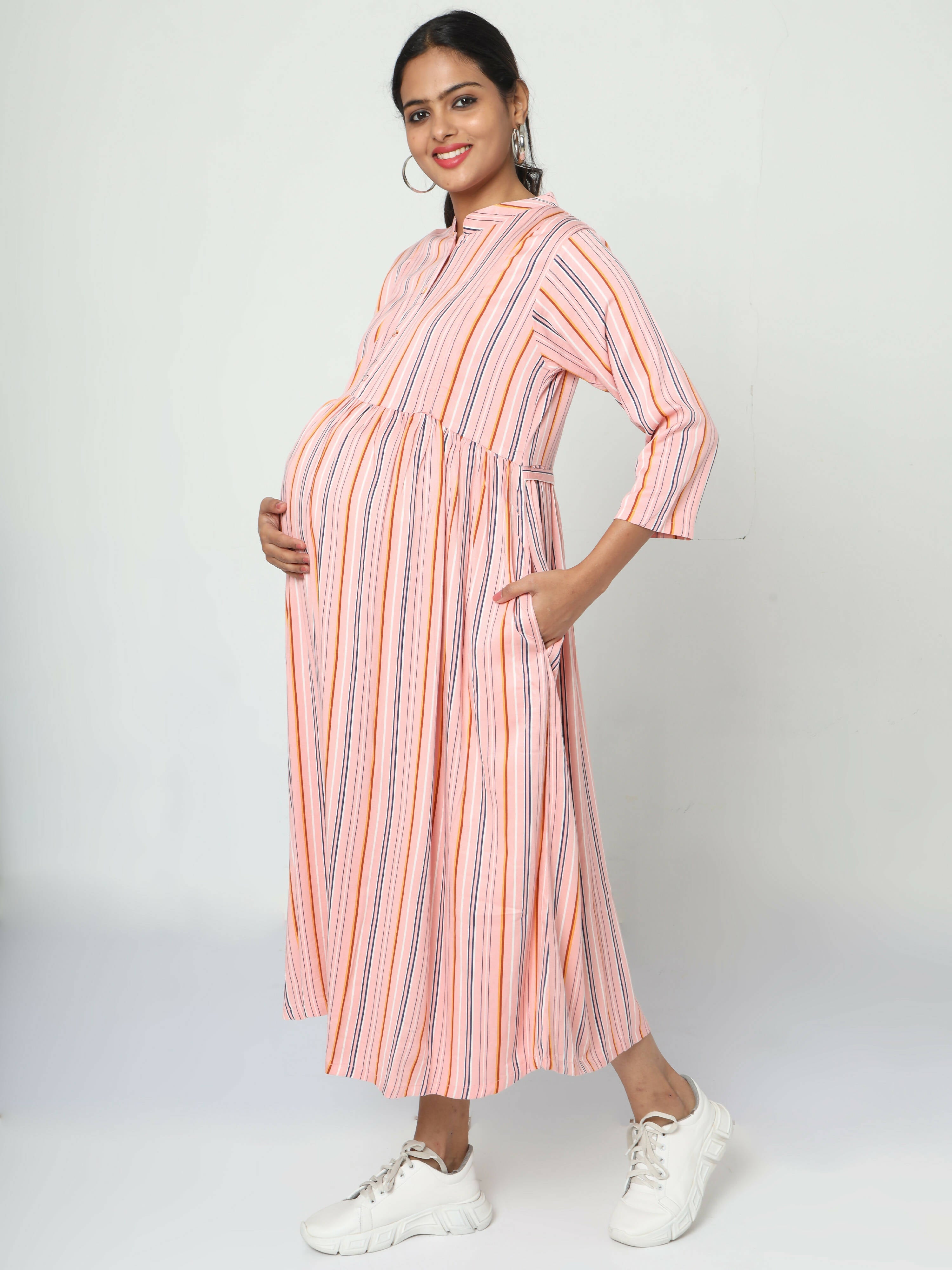 Manet Three Fourth Maternity Dress Strip Print With Concealed Zipper Nursing Access - Pink