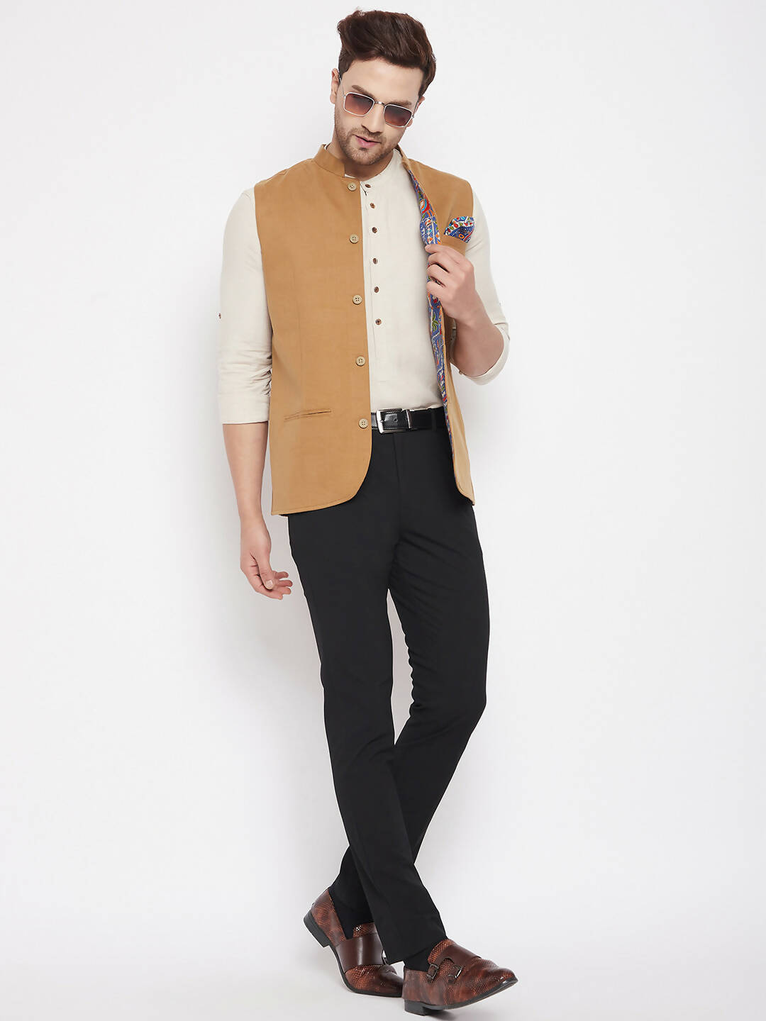 Even Apparels Brown Polyester Men's Nehru Jacket-Contrast Lining-Inbuilt Pocket Square