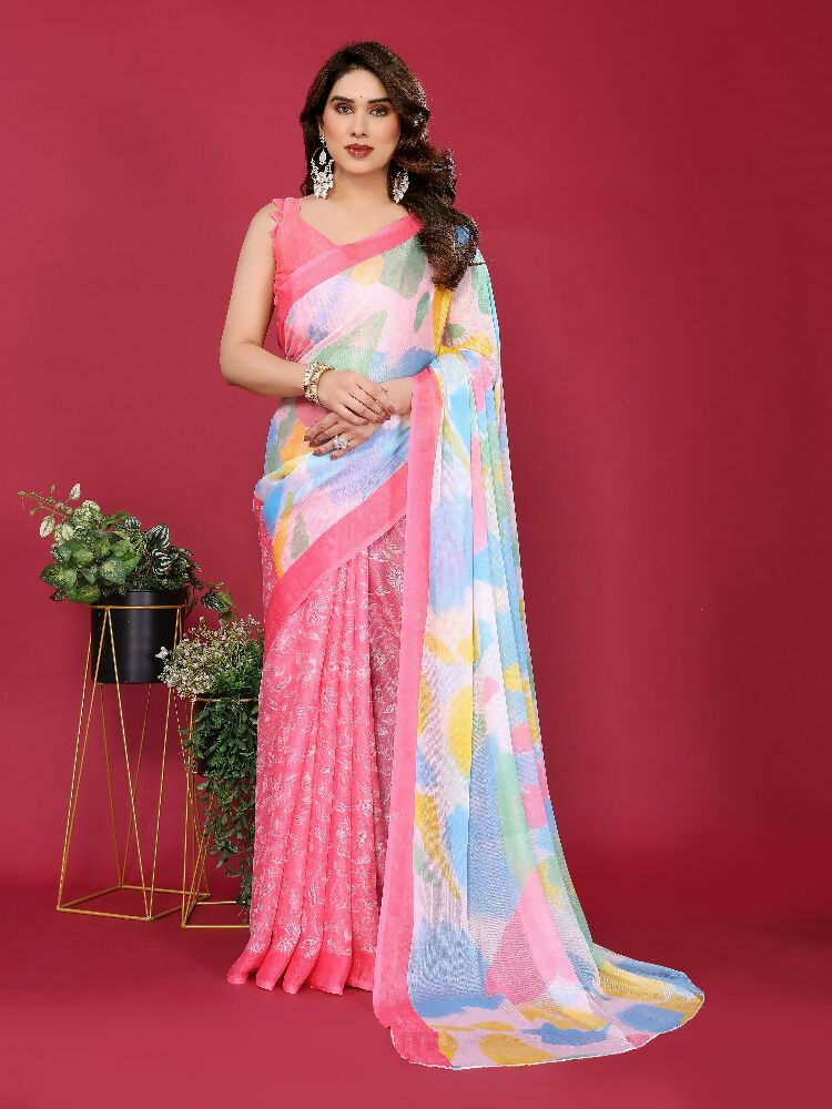PR Fashion Pink Moss Chiffon Printed Saree