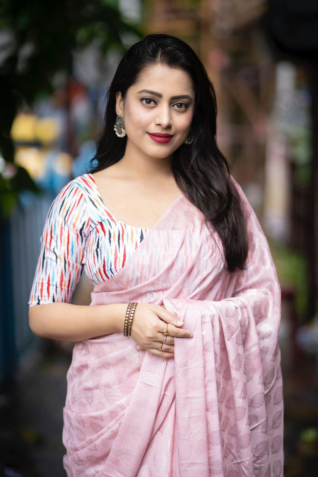 Pink Poly Crepe Ethnic Motifs Saree with Unstitched Blouse - Hiral Fashion