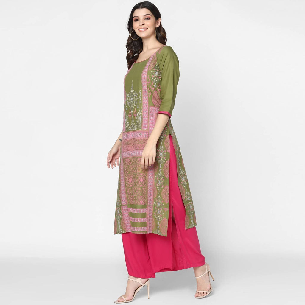 Cheera Hand Block Print Olive Green & Magenta Straight Kurta With Palazzo (MAAI-073K)