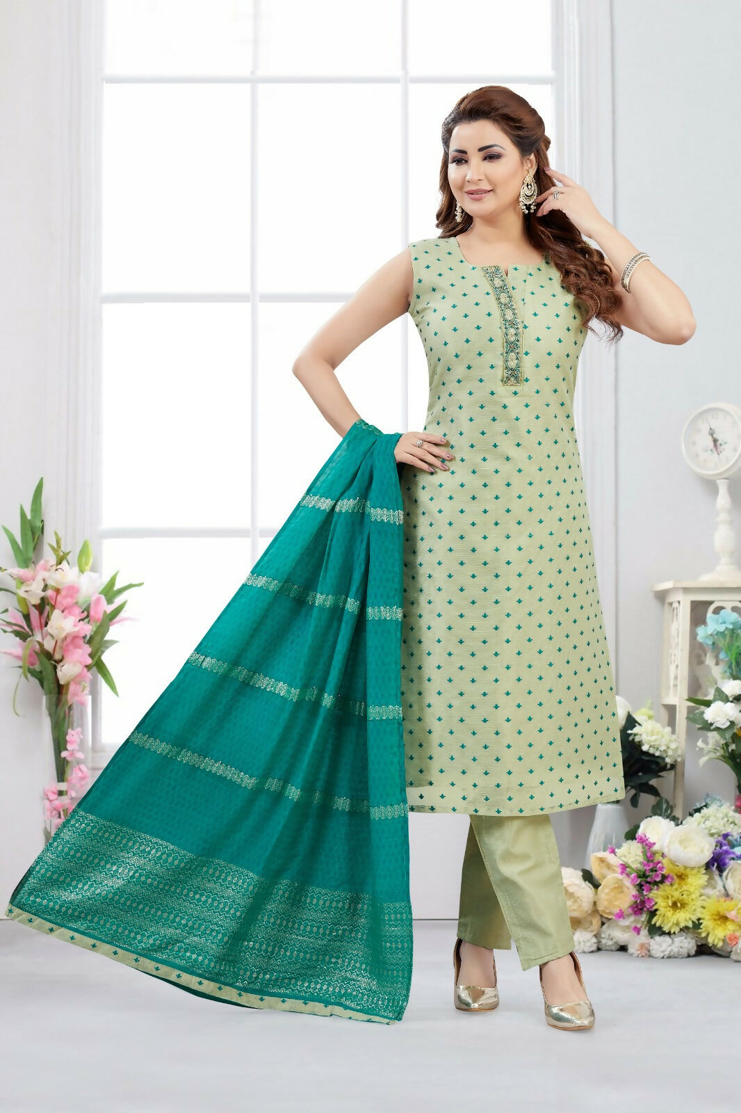 Joban Fashion Jacquard Olive Green Color Kurta Set