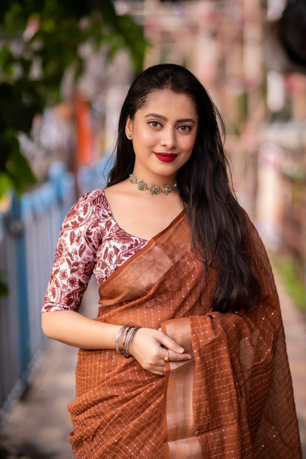 Brown Linen Sequence Saree with Unstitched Blouse - Hiral Fashion