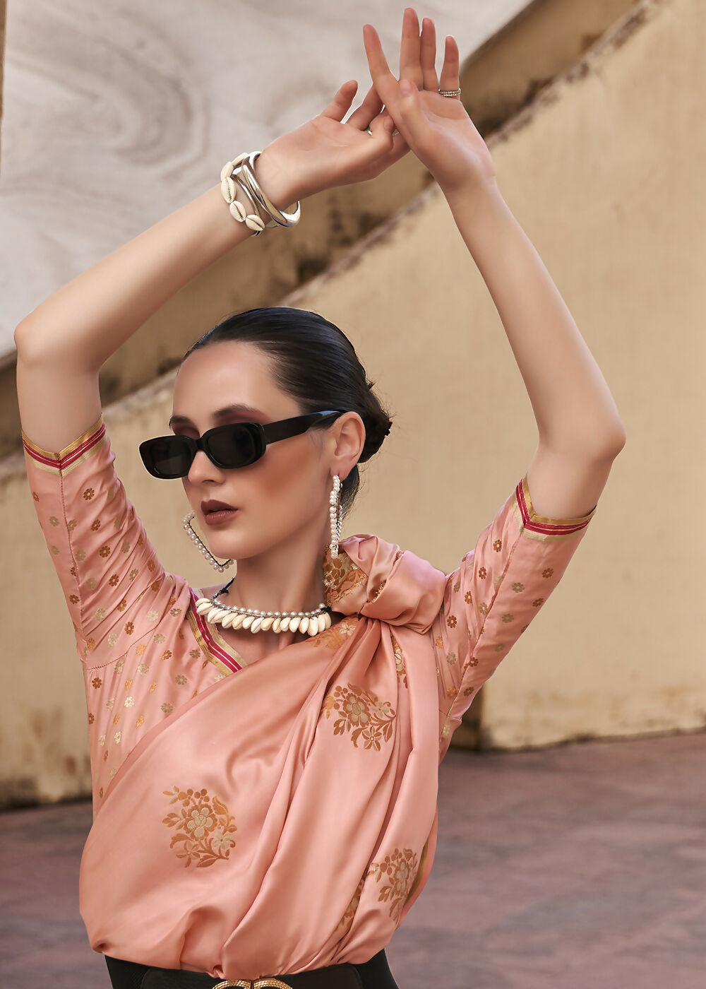 Coral Pink Pure Satin Zari Weaving Wedding Festive Saree - Emponline