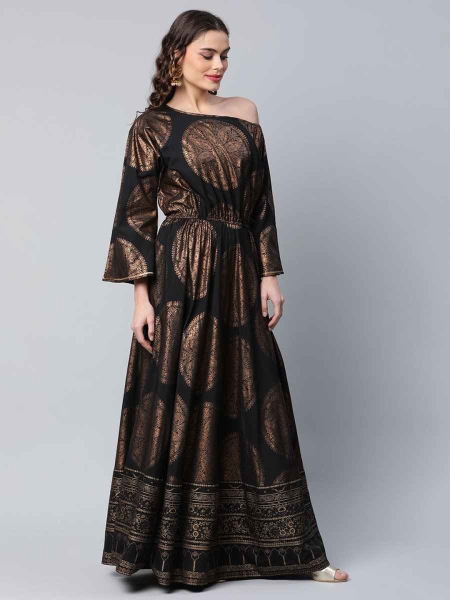 Ahalyaa Womens Black Crepe Copper Foil Printed Maxi Dress