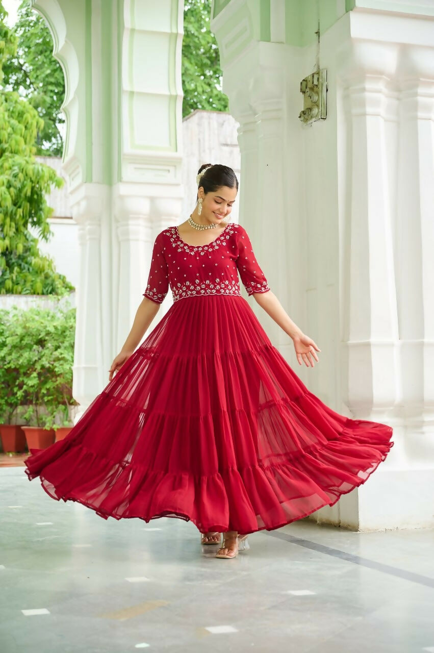 Teeya Creation Maroon Color Faux Georgette Hand Embroidery Work Party Wear Gown