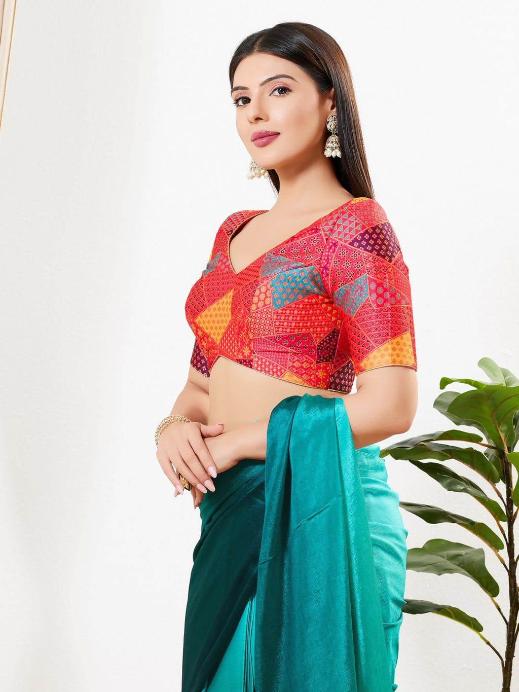 Joban Fashion Red Brocade Padded Blouse With V Neck Elbow Sleeves
