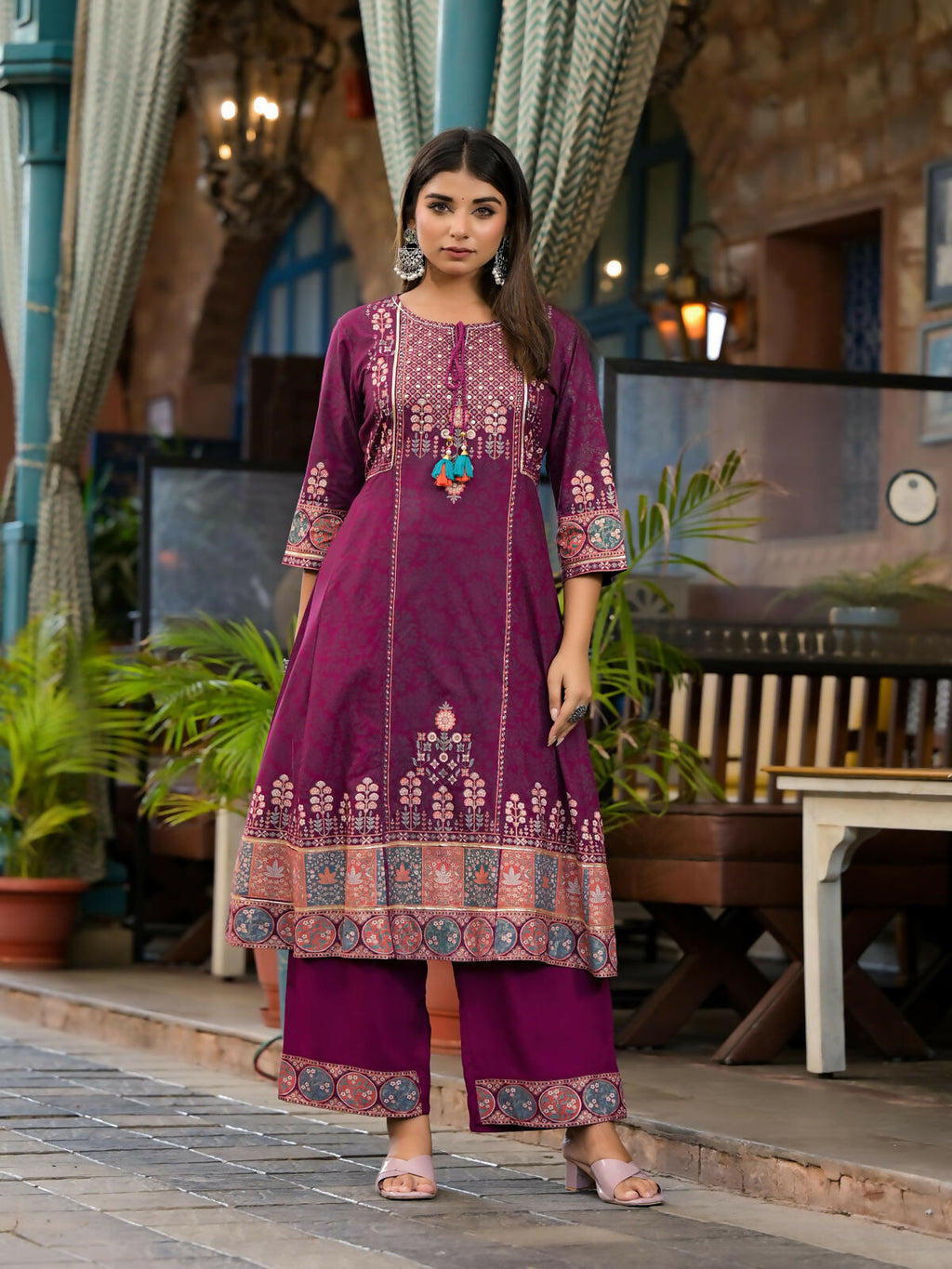 Juniper Women's Plum Floral Printed Liva Rayon Kurta Pant And Dupatta Set With Thread Work Gota Patti & Beads