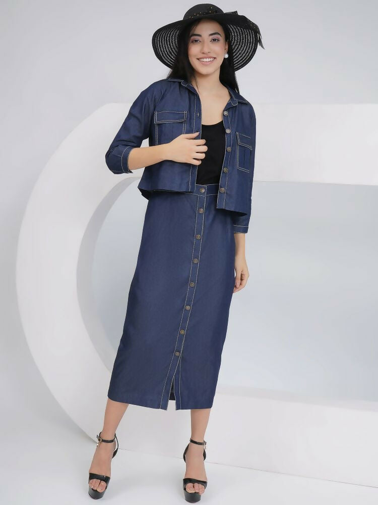 Joban Fashion Black Cotton Denim Pencil Skirt with Inner and Jacket