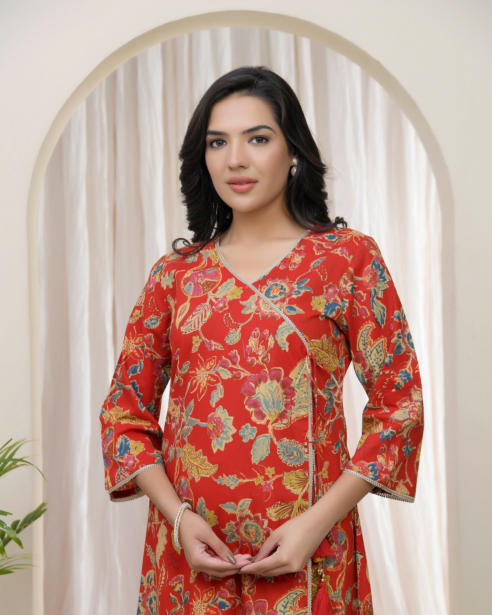 Vaasva Women Red Cotton Angrakha Kurta With Pant