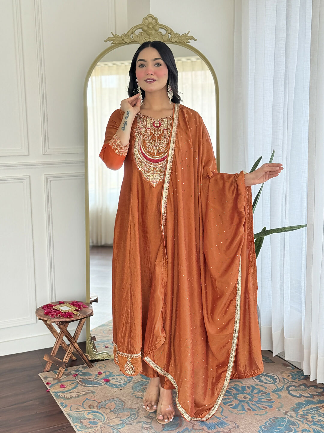 The52 Rust Women's Gorgeous Embroidered Vichitra Silk Fabric Flared Kurta, Pant and Dupatta Set