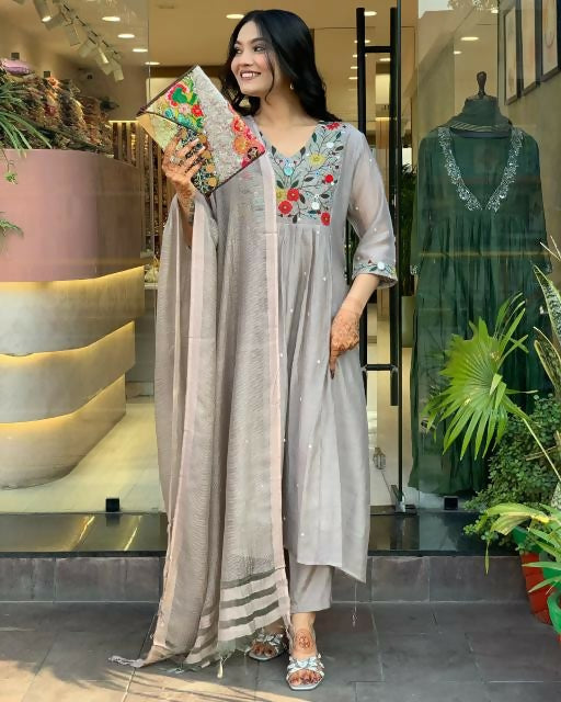 The52 Grey Women's Gorgeous Chinon Viscose Fabric Embroidered Work Straight Kurta Pant and Dupatta Set