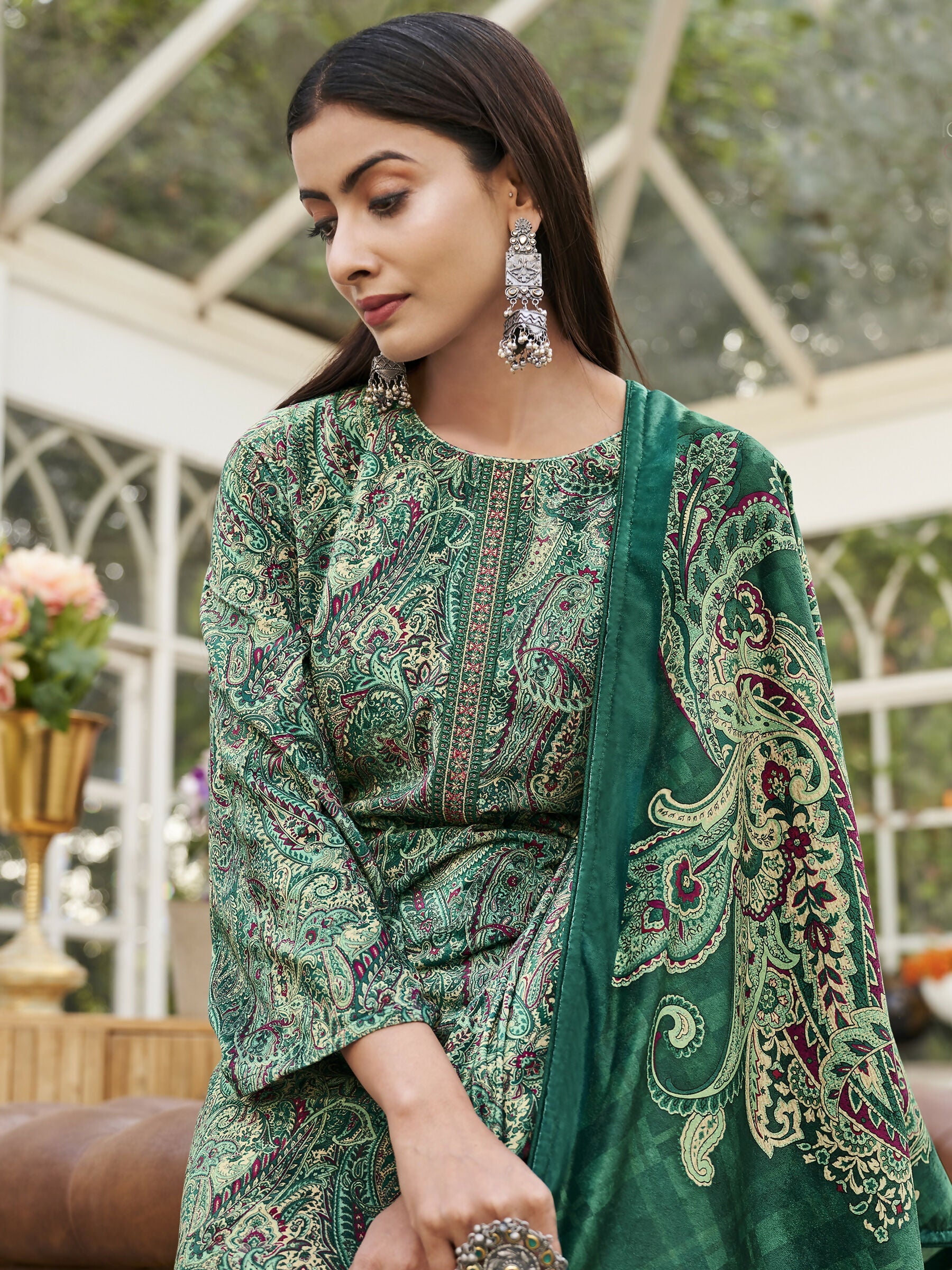 Jyoti Fashion Women's Green Velvet Digital Print with Resham Thread work Kurta with Trouser & Dupatta