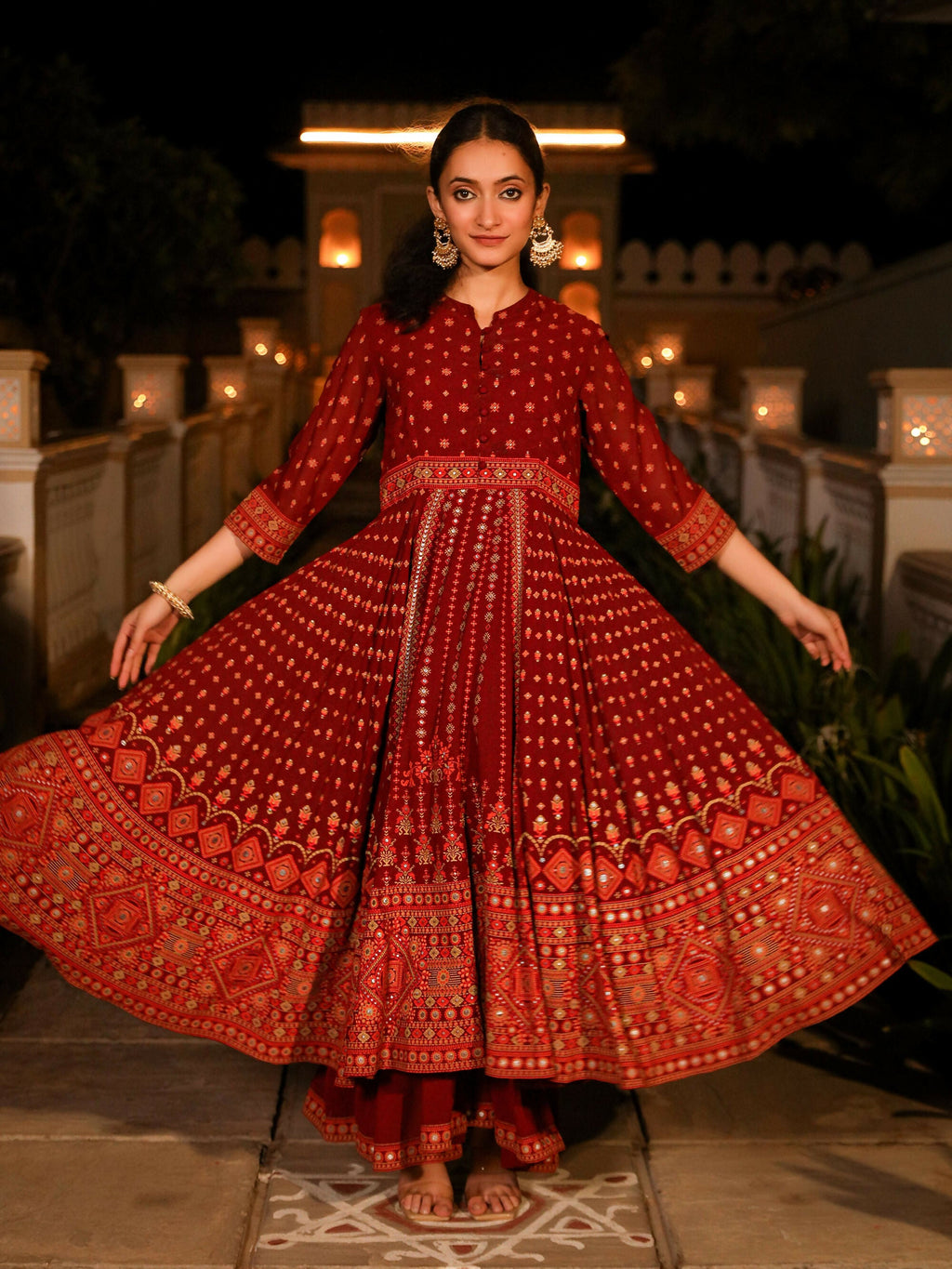 Juniper Women's The Mahautsawam Maroon Ethnic Motif Printed Georgette Dress With Thread & Mirror Work
