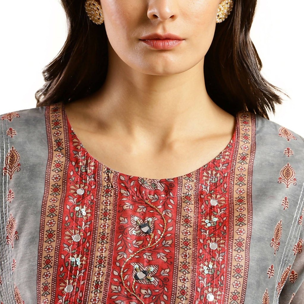 Grey Chinon Digital Printed With Hand Work Kurta - Himanshi