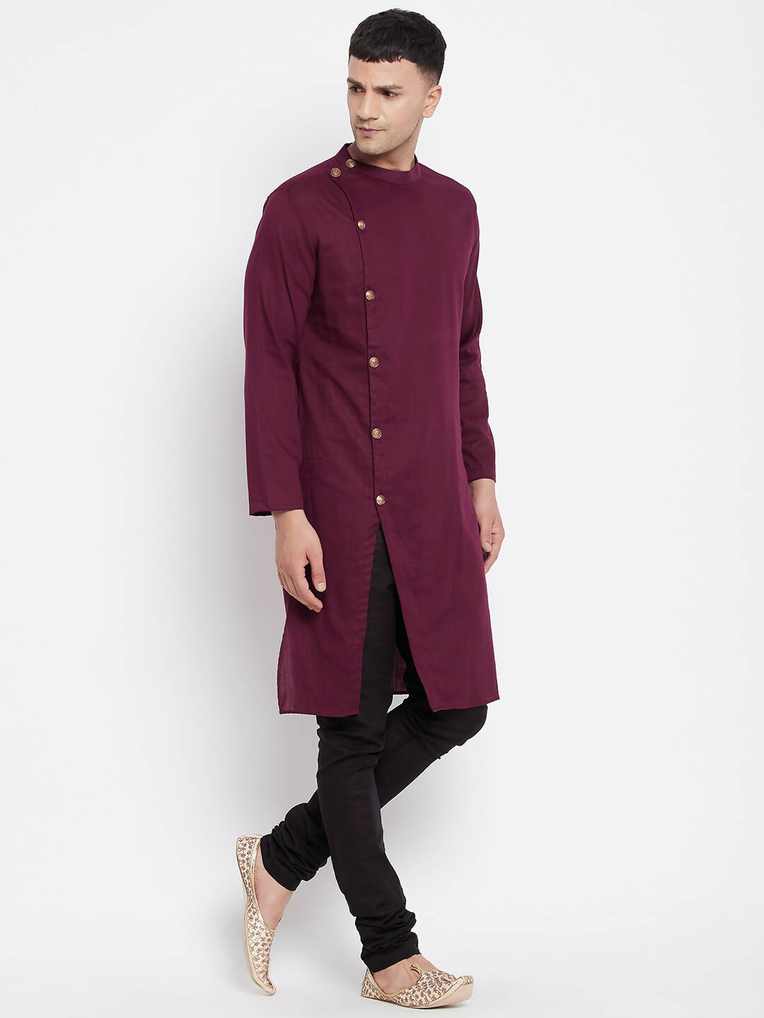 Even Apparels Maroon Pure Cotton Men's Sherwani Kurta With Asymetrical Cut