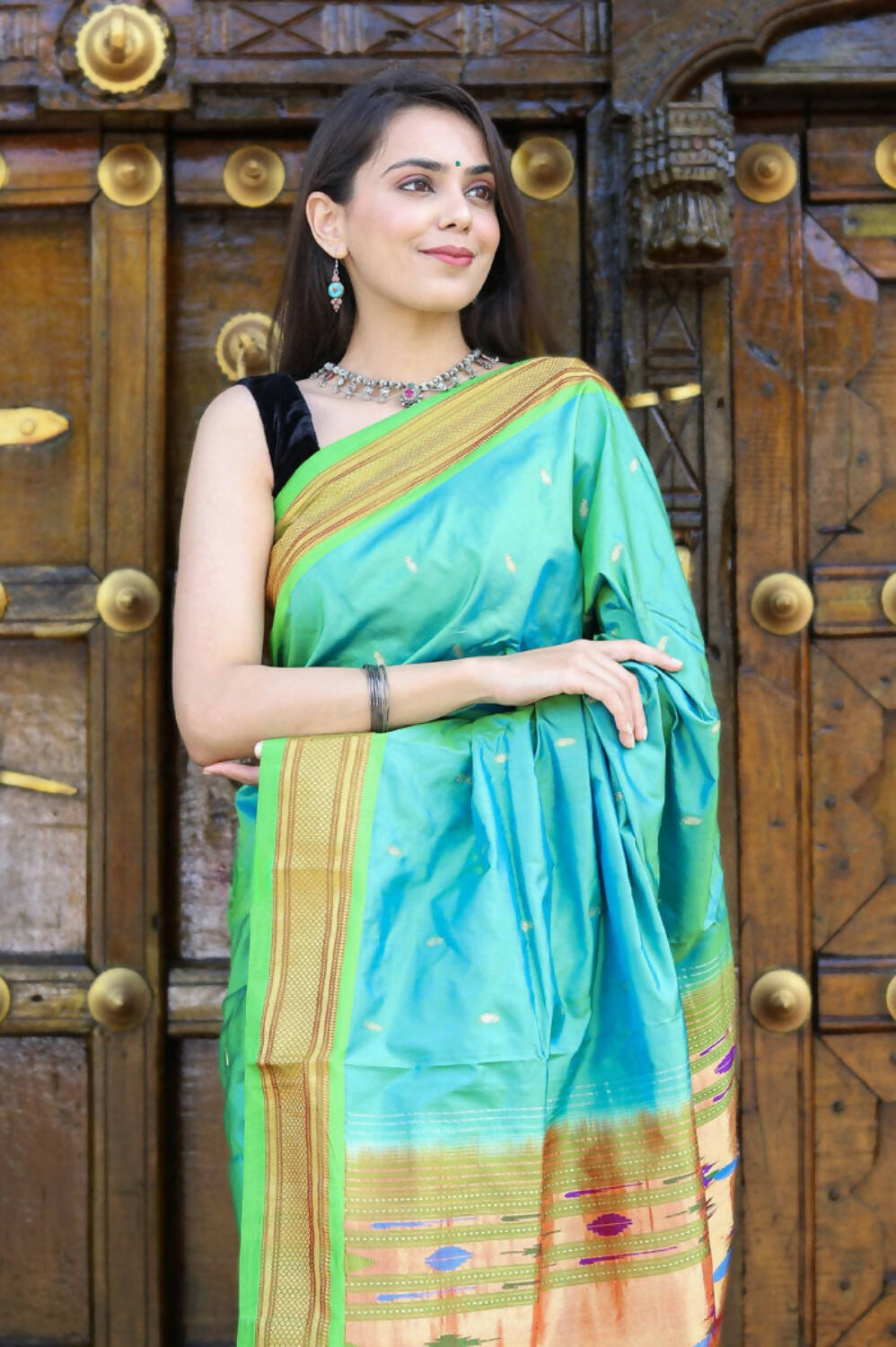 Very Much Indian Pure Silk Handloom Paithani -Dual Tone Blue Green