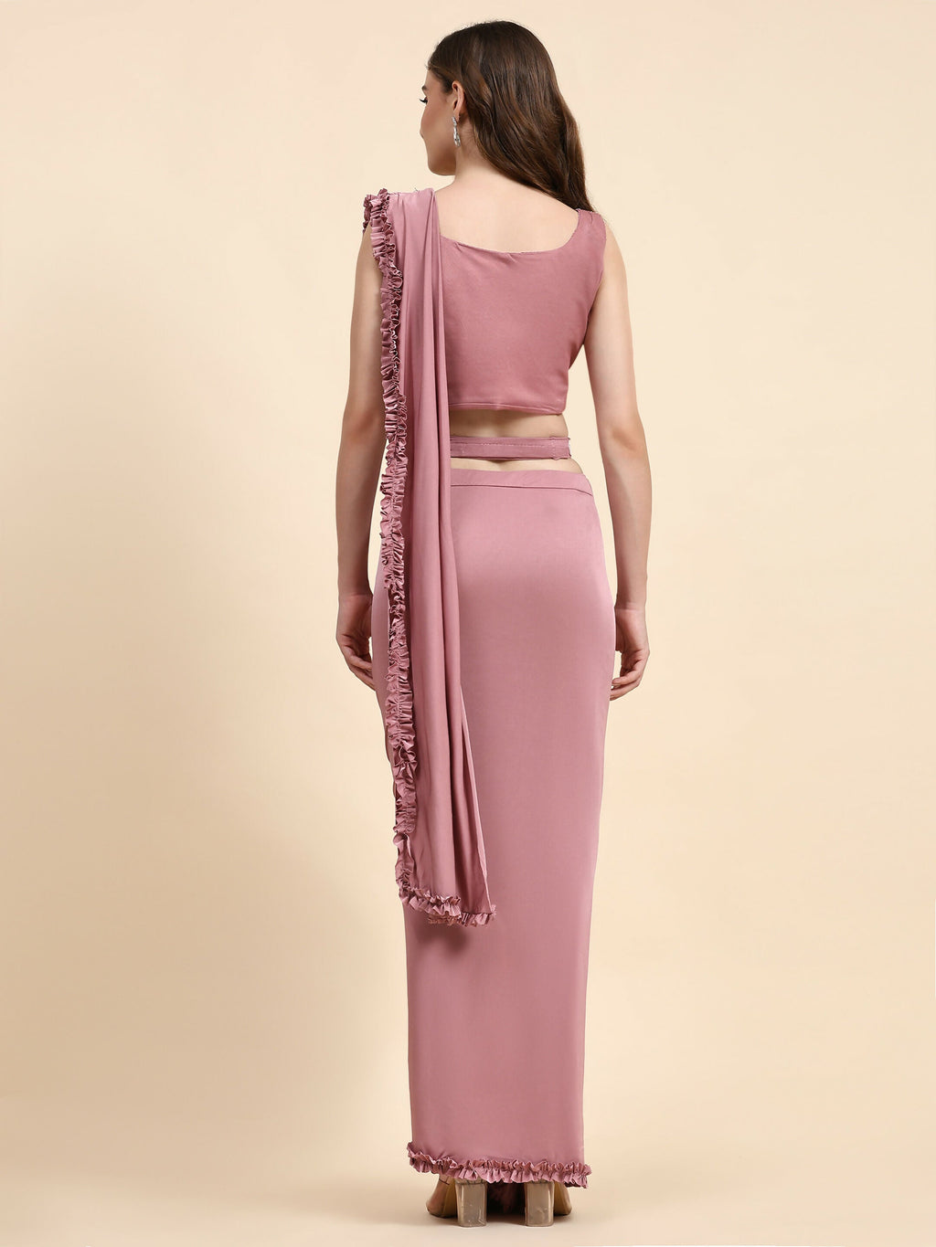Pink Lycra Solid Ready to wear Saree with stitched Blouse - Vanita