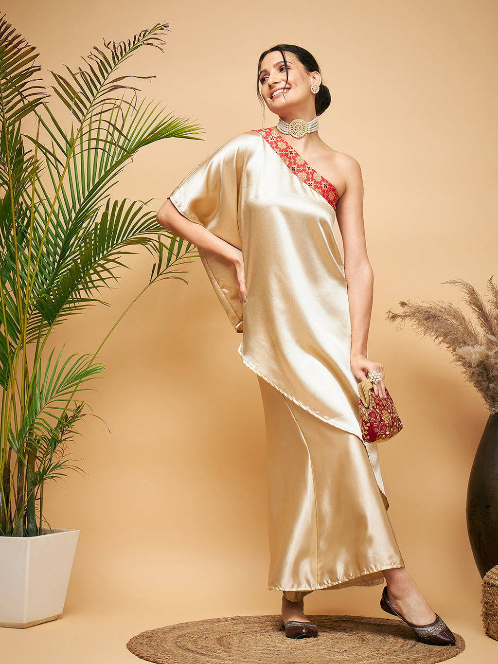 InWeave Women's Beige Red Brocade Oneshoulder Top Satin W Palazzo Set