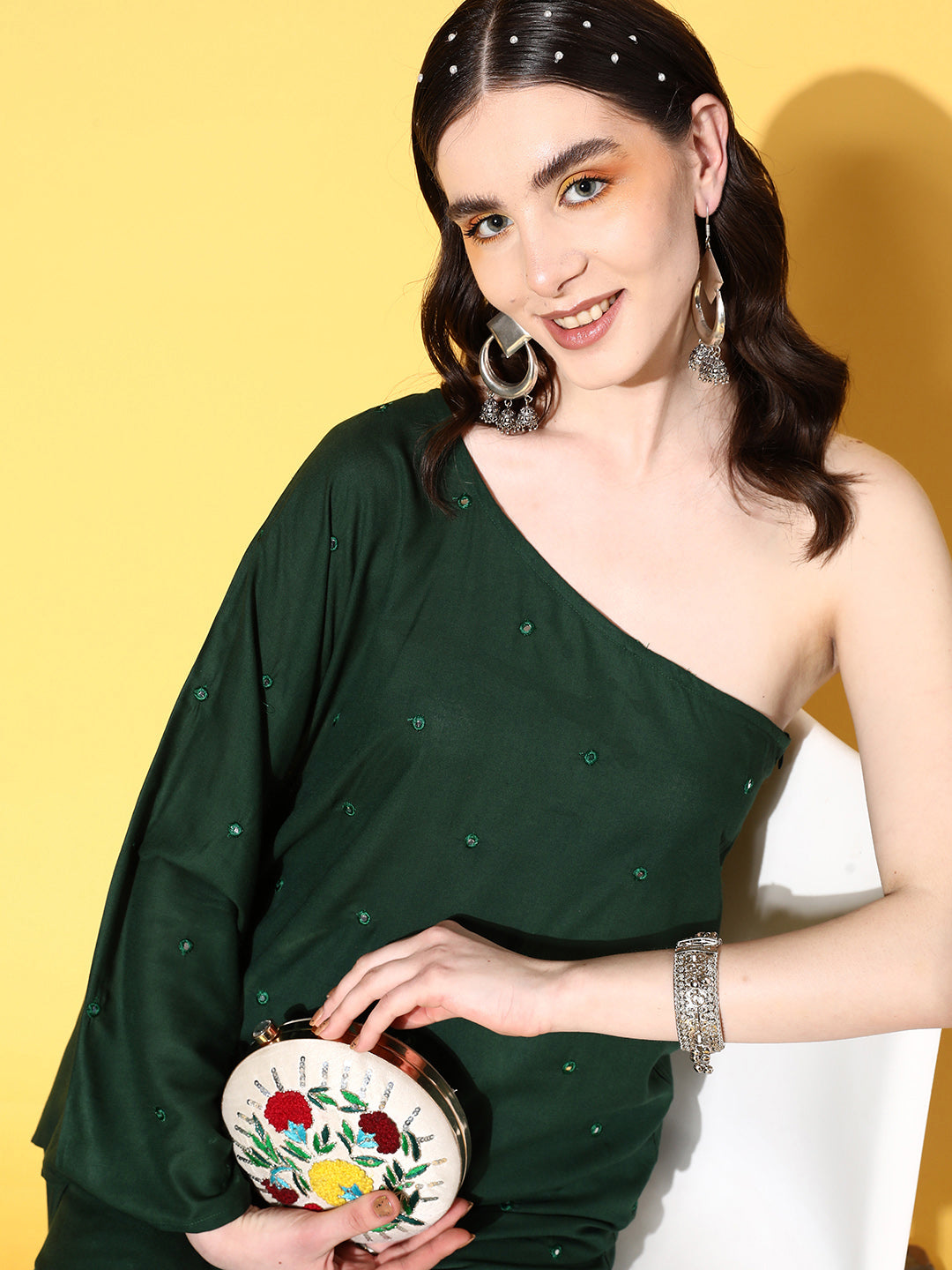 InWeave Women's Green Mirror Work One Shoulder Kurta Set