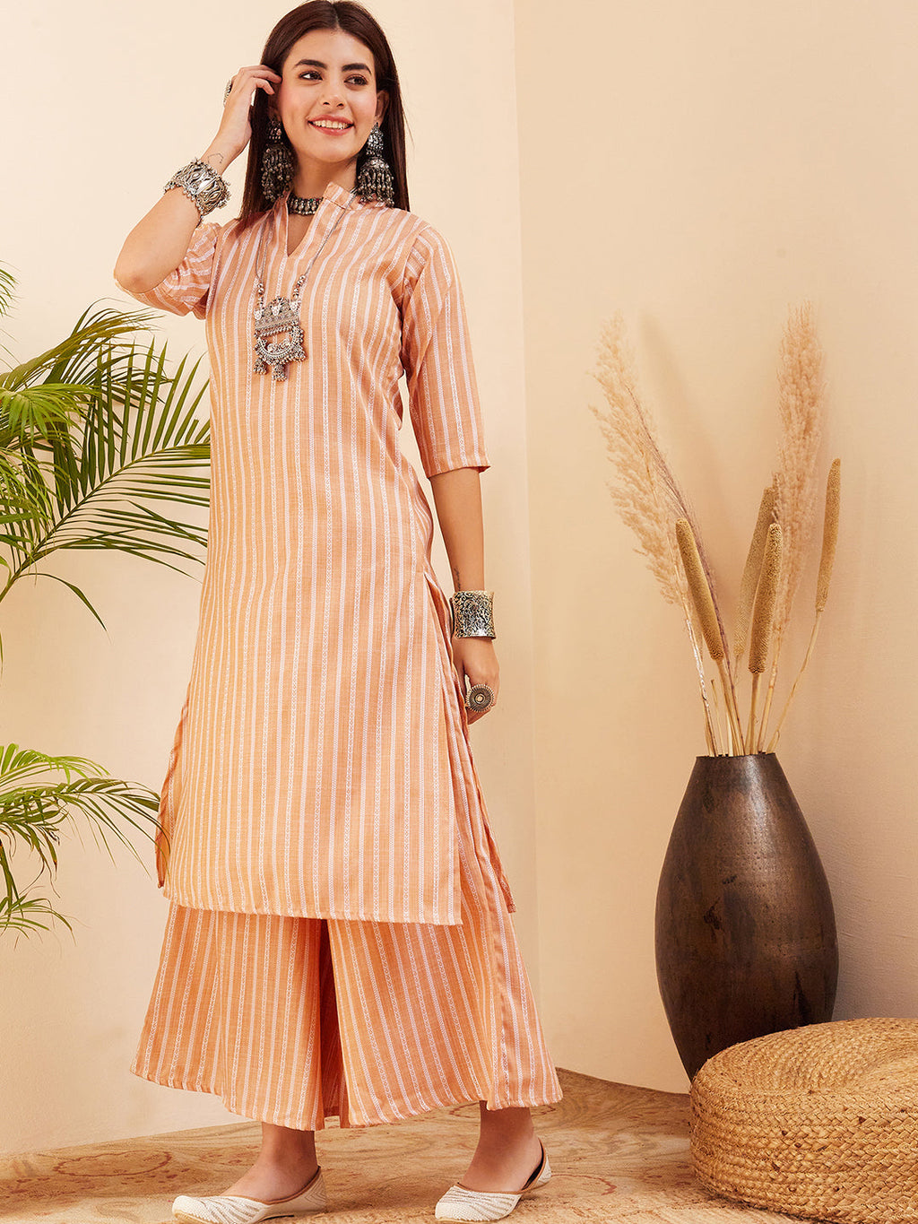 InWeave Women's Light Mustard Lurex Kantha Mandarin Neck Kurta Palazzo Set