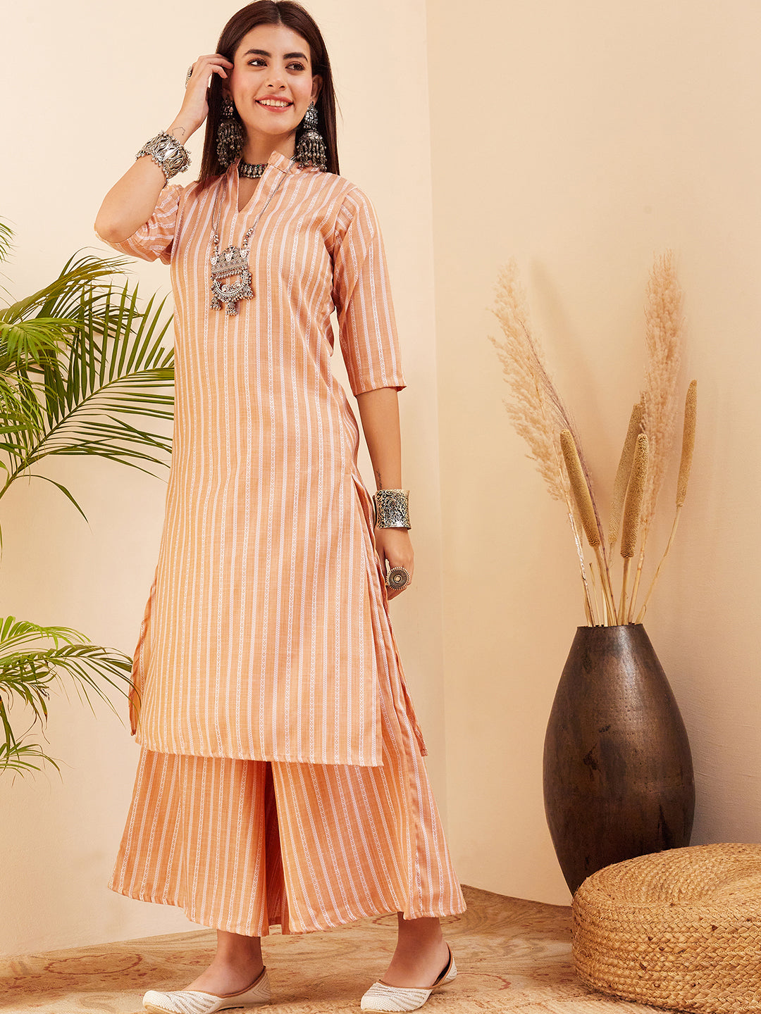 InWeave Women's Light Mustard Lurex Kantha Mandarin Neck Kurta Palazzo Set