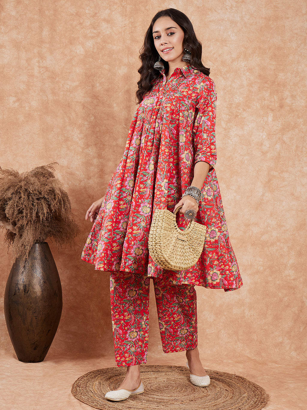 InWeave Women's Red Yellow Floral Print Flared Kurta Pant Set