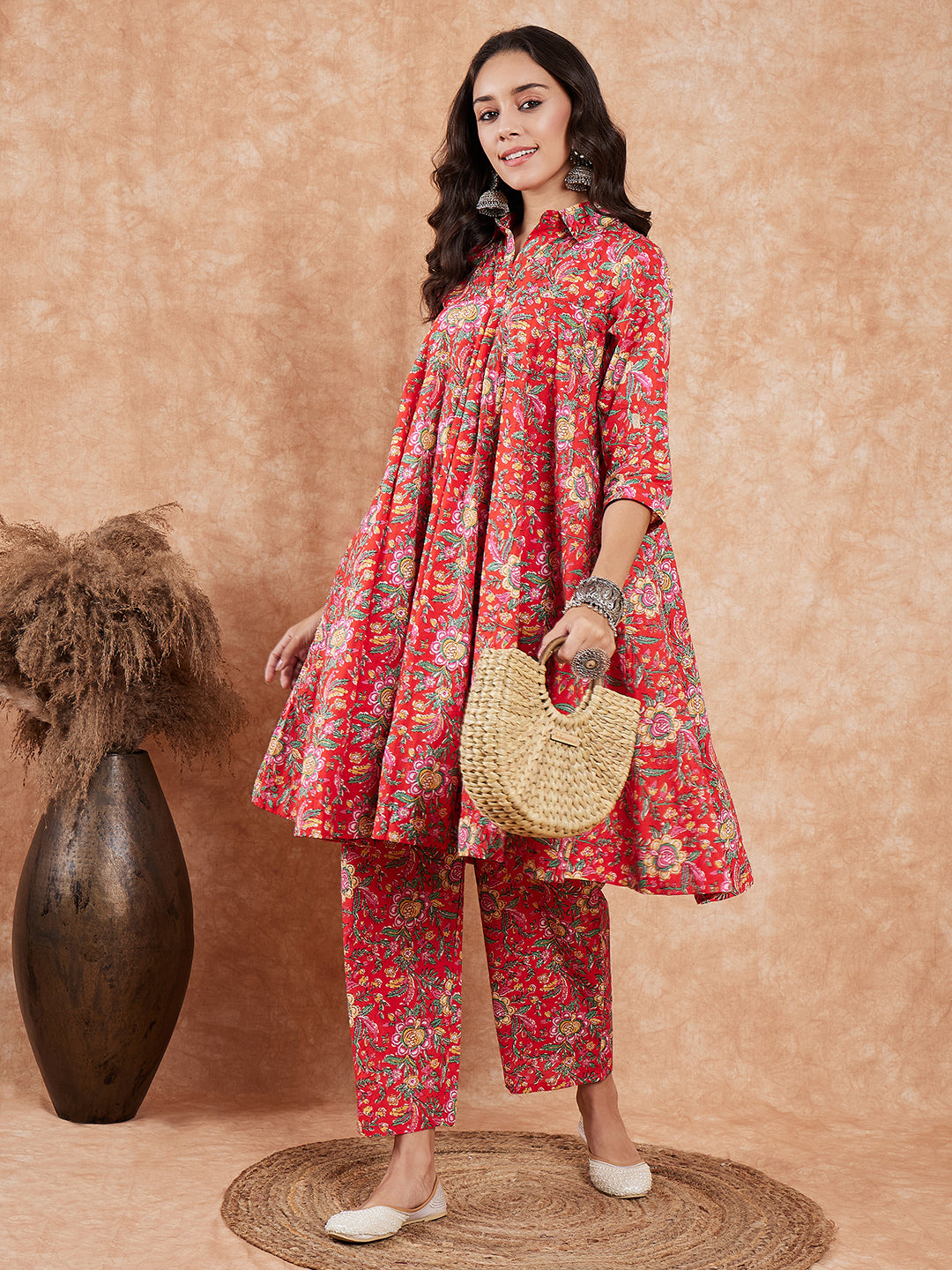 InWeave Women's Red Yellow Floral Print Flared Kurta Pant Set