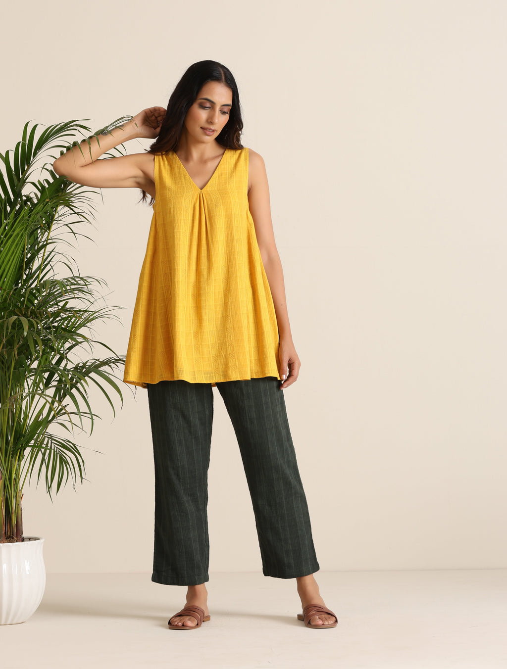 trueBrowns Mustard Cotton Dobby Sleeveless Co-ord Set