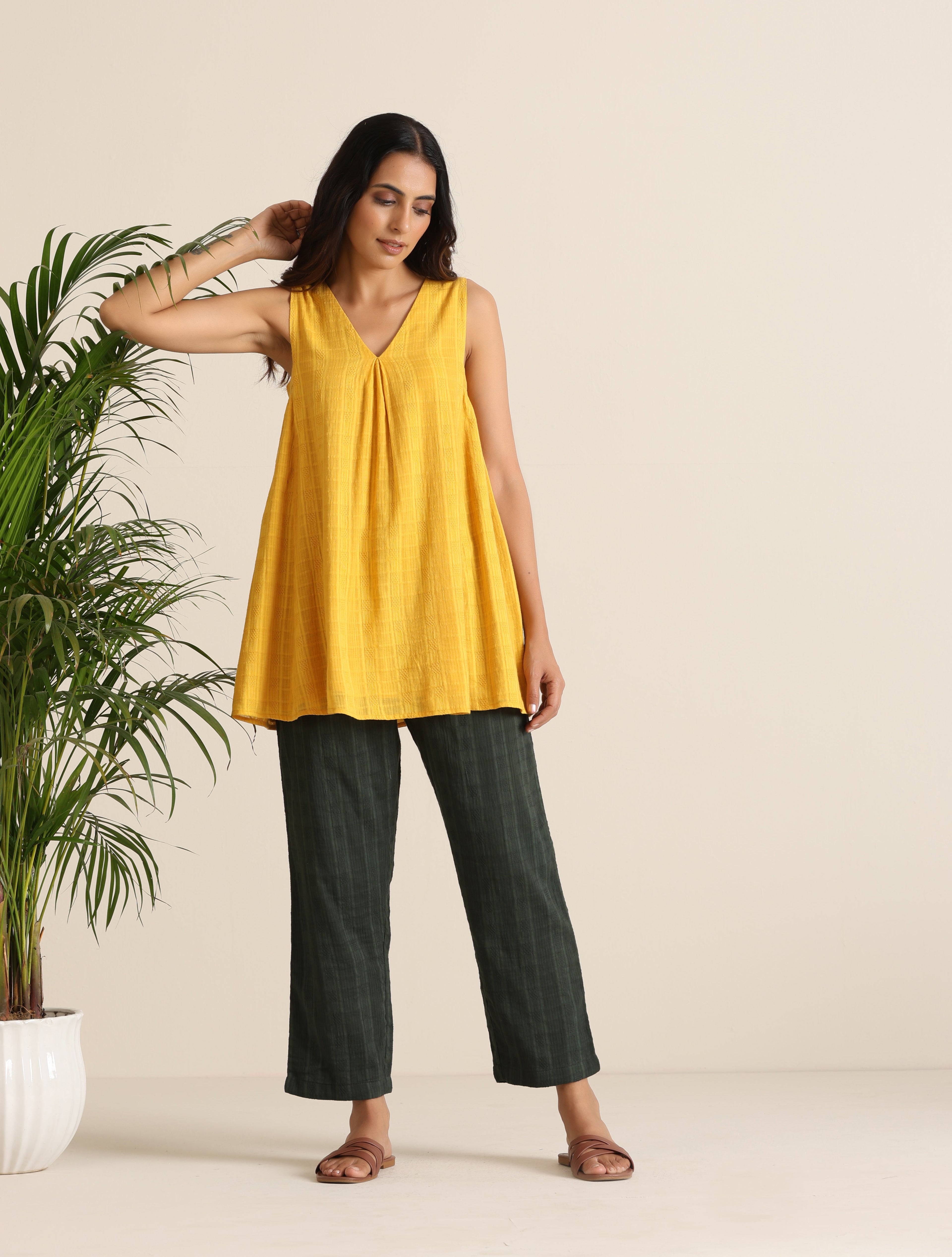 trueBrowns Mustard Cotton Dobby Sleeveless Co-ord Set