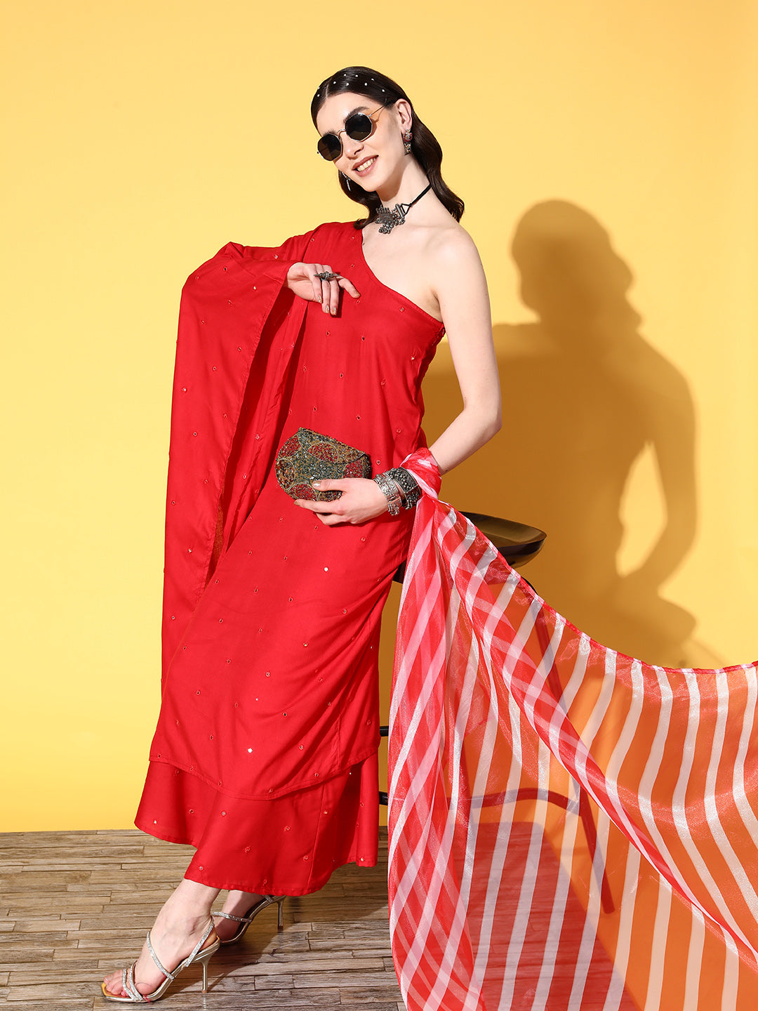 InWeave Women's Red Mirror Work One Shoulder Kurta Set With Dupatta