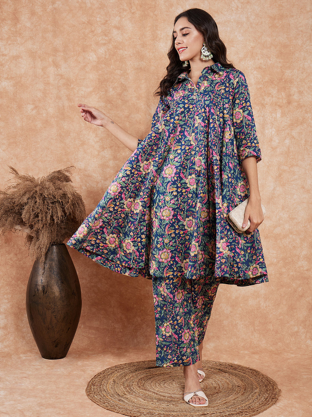 InWeave Women's Blue Green Pink Floral Print Flared Kurta Pant Set