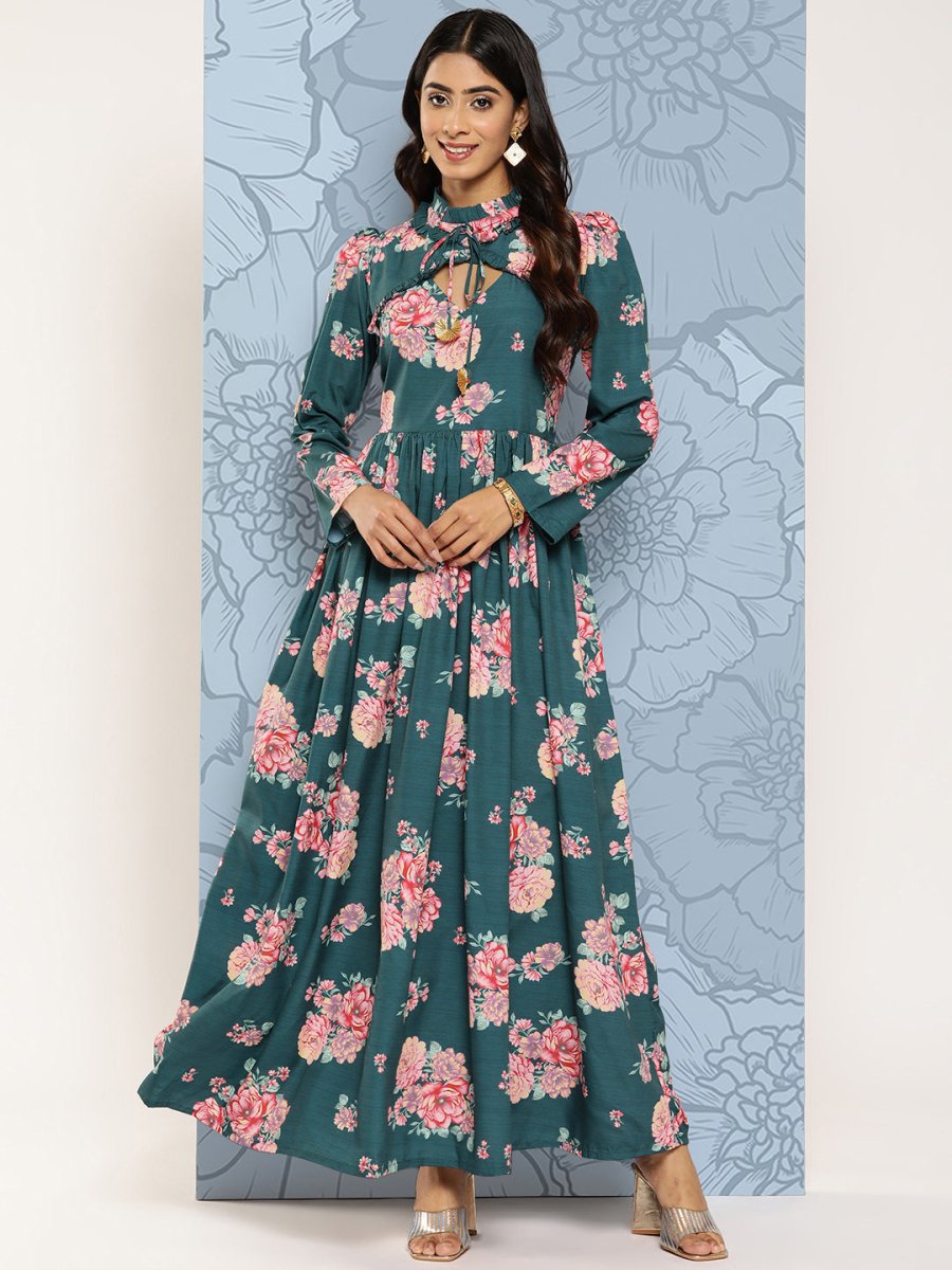 Ahalyaa Floral Print Puff Sleeves Tie-Up Neck Crepe Ethnic Gown With Cut-Out Detail