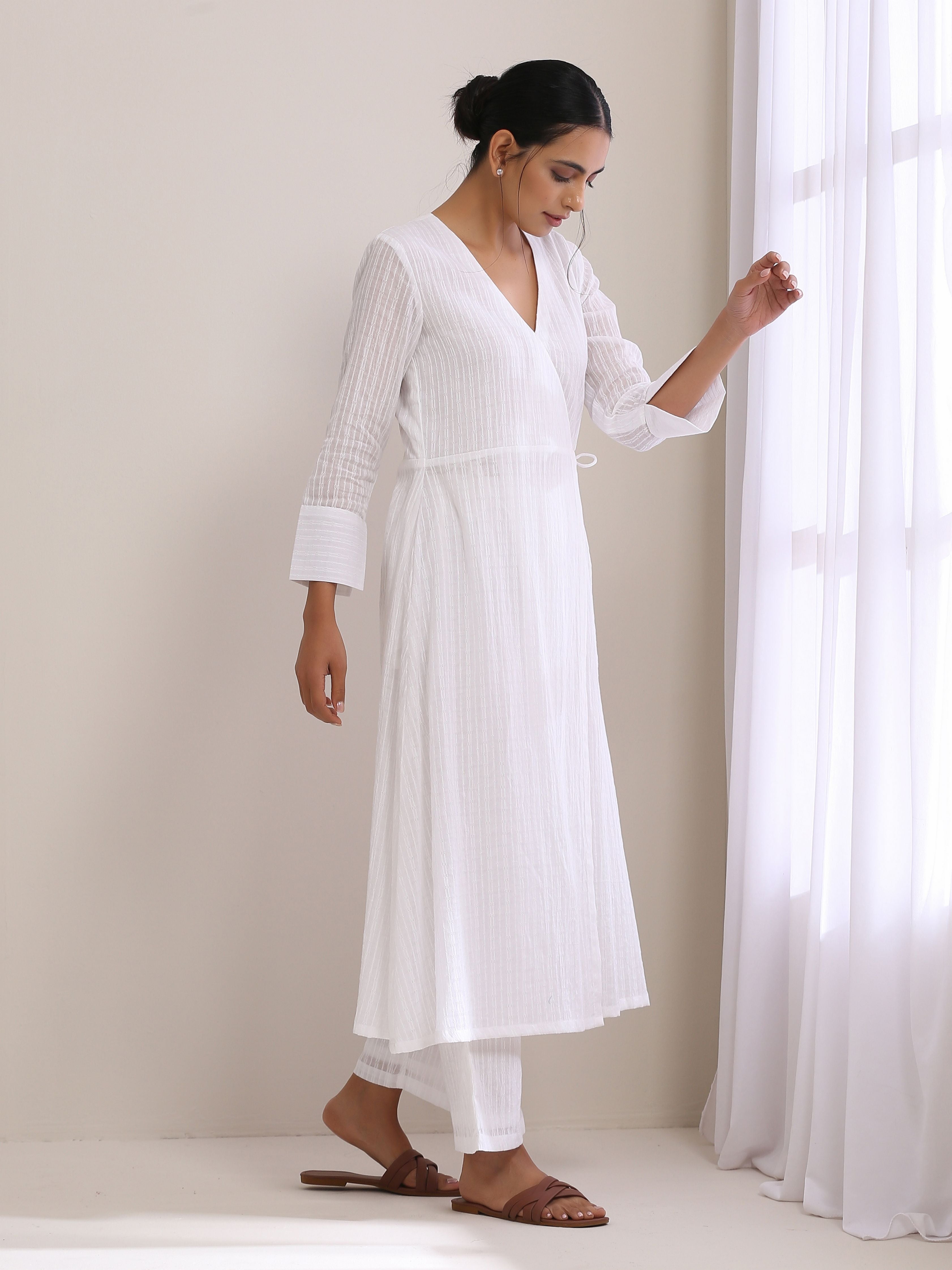 trueBrowns White Dobby Angrakha Kurta Pant Set
