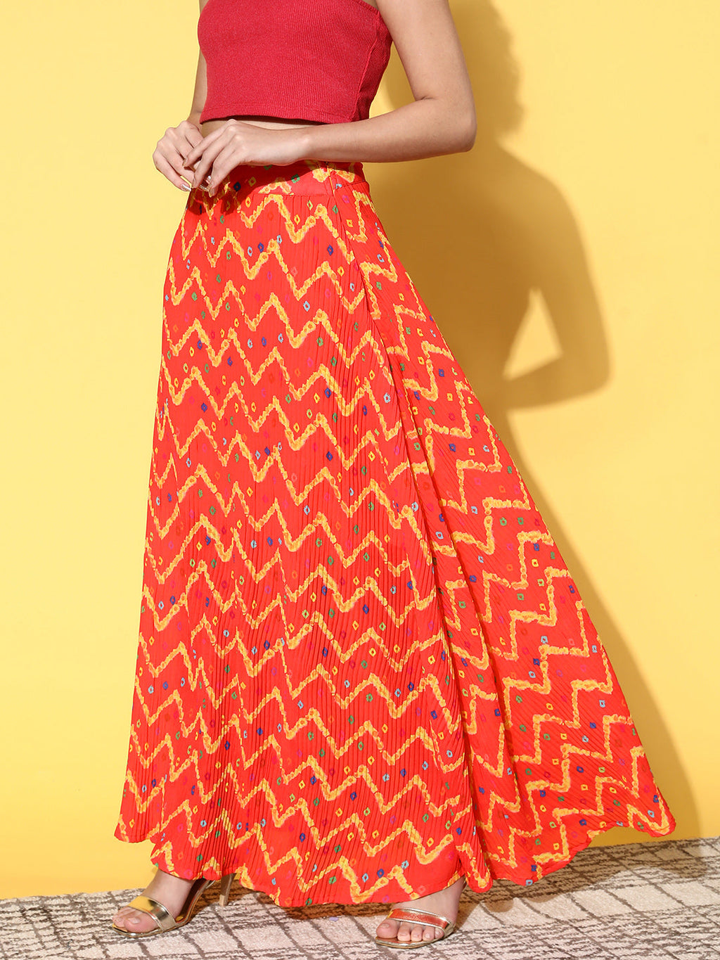 InWeave Women's Orange Bandhej Pleated Skirt