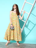InWeave Women's Yellow Print Back Less Long Kurta Pant Set