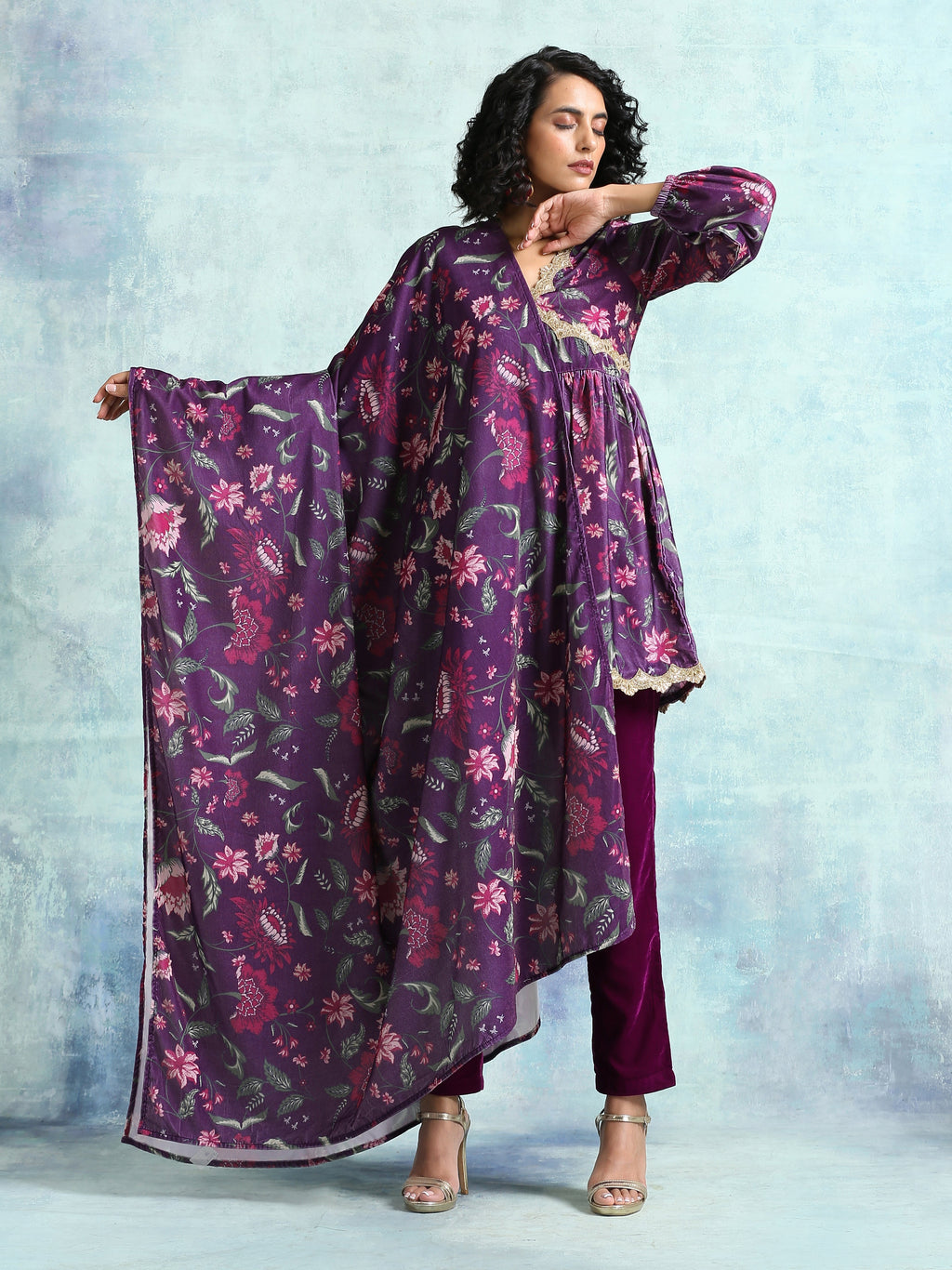 trueBrowns Wine Printed Velvet Shawl